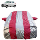 Autofact Alto Old Model Car Cover - FlexGuard - Waterproof Car Body Cover for Maruti Alto Old Model - With Mirror Pockets, Triple Stitched, Bottom Fully Elastic, Adjustable Belt and Buckle (Silver / Pink Stripes)