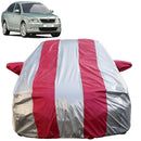 Autofact Laura Car Cover - FlexGuard - Waterproof Car Body Cover for Skoda Laura - With Mirror Pockets, Triple Stitched, Bottom Fully Elastic, Adjustable Belt and Buckle (Silver / Pink Stripes)