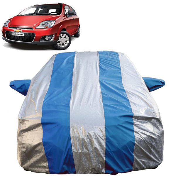 Autofact Spark Car Cover - FlexGuard - Waterproof Car Body Cover for Chevrolet Spark - With Mirror Pockets, Triple Stitched, Bottom Fully Elastic, Adjustable Belt and Buckle (Silver / Blue Stripes)