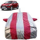 Autofact i20 Active Car Cover - FlexGuard - Waterproof Car Body Cover for Hyundai i20 Active - With Mirror & Antenna Pockets, Triple Stitched, Bottom Fully Elastic, Adjustable Belt and Buckle (Silver / Pink Stripes)