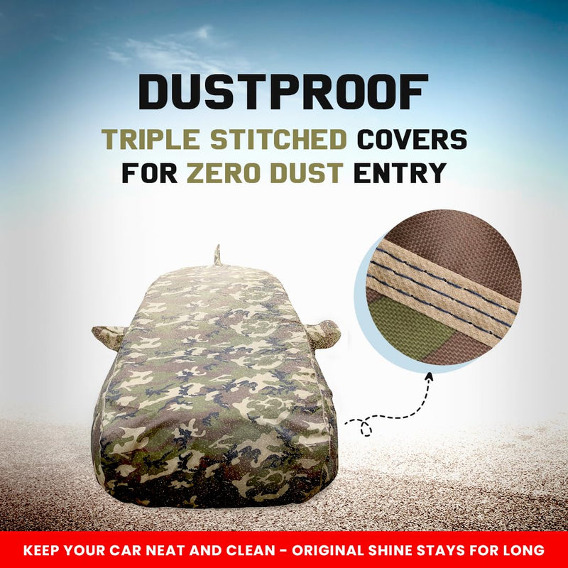 Autofact Swift Car Cover - TearTough - Dog Proof / Waterproof Car Body Cover for Maruti Swift - With Mirror & Antenna Pockets, Triple Stitched, Bottom Fully Elastic, Adjustable Belt and Buckle (Jungle Print 4x4)
