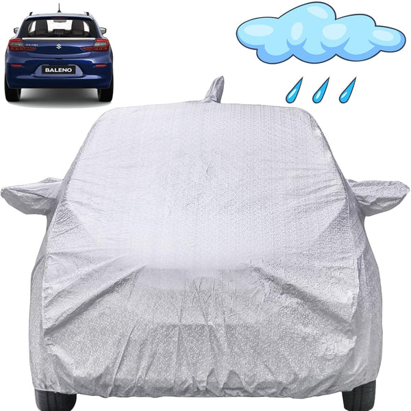Autofact Baleno Car Cover - FlexGuard - Waterproof Car Body Cover for Maruti Baleno - With Mirror & Antenna Pockets, Triple Stitched, Bottom Fully Elastic, Adjustable Belt and Buckle (Silver)