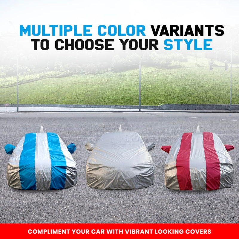 Autofact Swift Car Cover - FlexGuard - Waterproof Car Body Cover for Maruti Swift - With Mirror & Antenna Pockets, Triple Stitched, Bottom Fully Elastic, Adjustable Belt and Buckle (Silver / Blue Stripes)