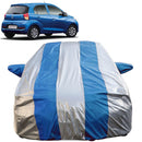 Autofact New Santro Car Cover - FlexGuard - Waterproof Car Body Cover for Hyundai New Santro - With Mirror Pockets, Triple Stitched, Bottom Fully Elastic, Adjustable Belt and Buckle (Silver / Blue Stripes)