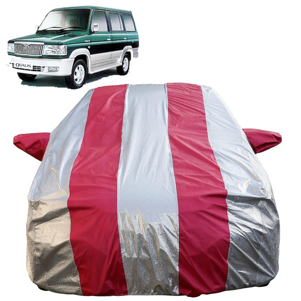 Autofact Qualis Car Cover - FlexGuard - Waterproof Car Body Cover for Toyota Qualis - With Mirror Pockets, Triple Stitched, Bottom Fully Elastic, Adjustable Belt and Buckle (Silver / Pink Stripes)