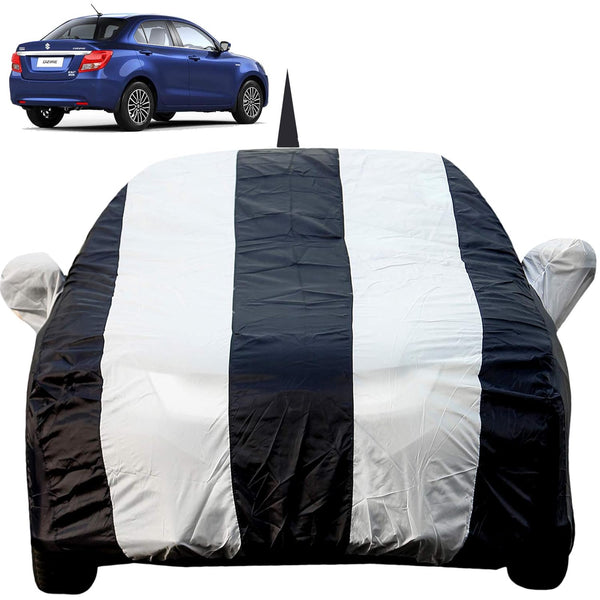 Autofact Swift Dzire New Model Car Cover - EasyShield - Car Body Cover for Maruti Swift Dzire New Model - With Mirror Pockets, Triple Stitched, Bottom Fully Elastic, Adjustable Belt and Buckle (White Blue Stripes)