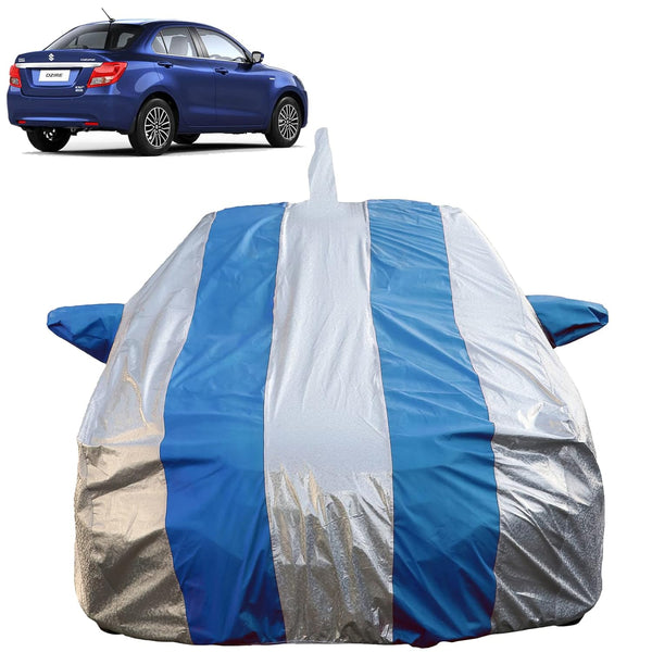 Autofact Swift Dzire New Model Car Cover - FlexGuard - Waterproof Car Body Cover for Maruti Swift Dzire New Model - With Mirror & Antenna Pockets, Triple Stitched, Bottom Fully Elastic, Adjustable Belt and Buckle (Silver / Blue Stripes)