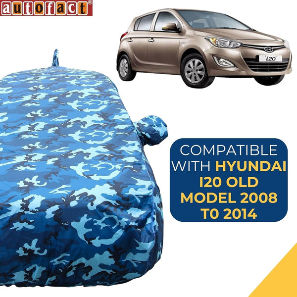 Autofact Old i20 Car Cover - TearTough - Dog Proof / Waterproof Car Body Cover for Hyundai Old i20 - With Mirror & Antenna Pockets, Triple Stitched, Bottom Fully Elastic, Adjustable Belt and Buckle (Airforce Blue 4x4)