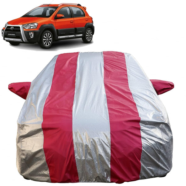 Autofact Etios Cross Car Cover - FlexGuard - Waterproof Car Body Cover for Toyota Etios Cross - With Mirror Pockets, Triple Stitched, Bottom Fully Elastic, Adjustable Belt and Buckle (Silver / Pink Stripes)