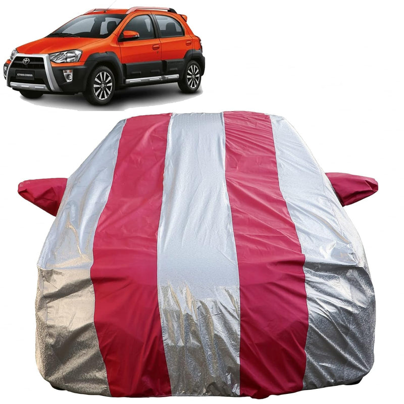 Autofact Etios Cross Car Cover - FlexGuard - Waterproof Car Body Cover for Toyota Etios Cross - With Mirror Pockets, Triple Stitched, Bottom Fully Elastic, Adjustable Belt and Buckle (Silver / Pink Stripes)