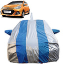 Autofact Grand I10 Car Cover - FlexGuard - Waterproof Car Body Cover for Hyundai Grand I10 - With Mirror & Antenna Pockets, Triple Stitched, Bottom Fully Elastic, Adjustable Belt and Buckle (Silver / Blue Stripes)