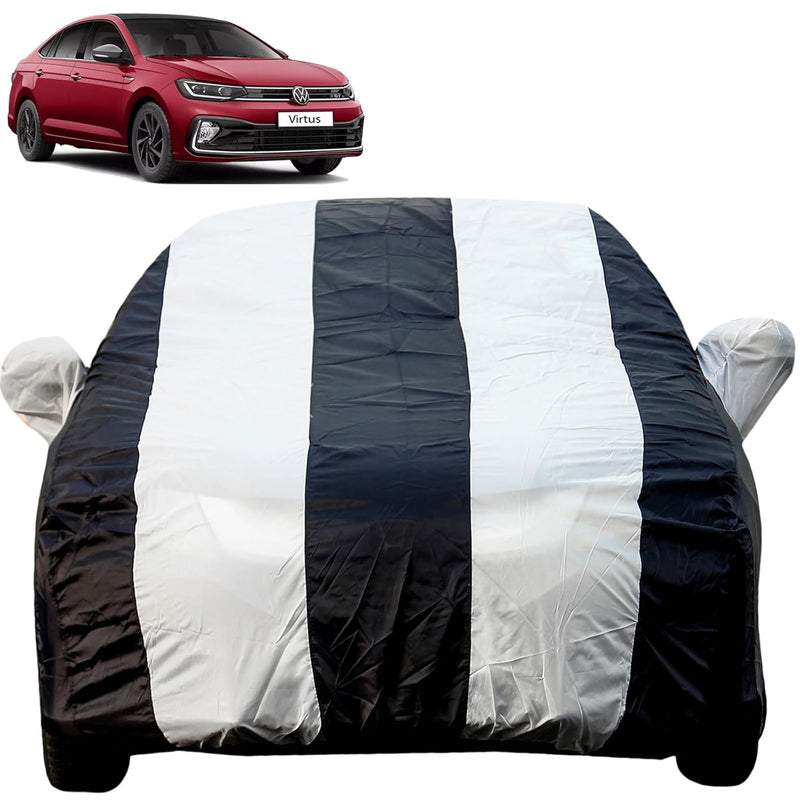 Autofact Virtus Car Cover - EasyShield - Car Body Cover for Volkswagen Virtus - With Mirror Pockets, Triple Stitched, Bottom Fully Elastic, Adjustable Belt and Buckle (White Blue Stripes)