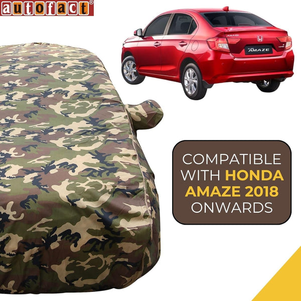 Autofact Amaze New Model Car Cover - TearTough - Dog Proof / Waterproof Car Body Cover for Honda Amaze New Model - With Mirror Pockets, Triple Stitched, Bottom Fully Elastic, Adjustable Belt and Buckle (Jungle Print 4x4)