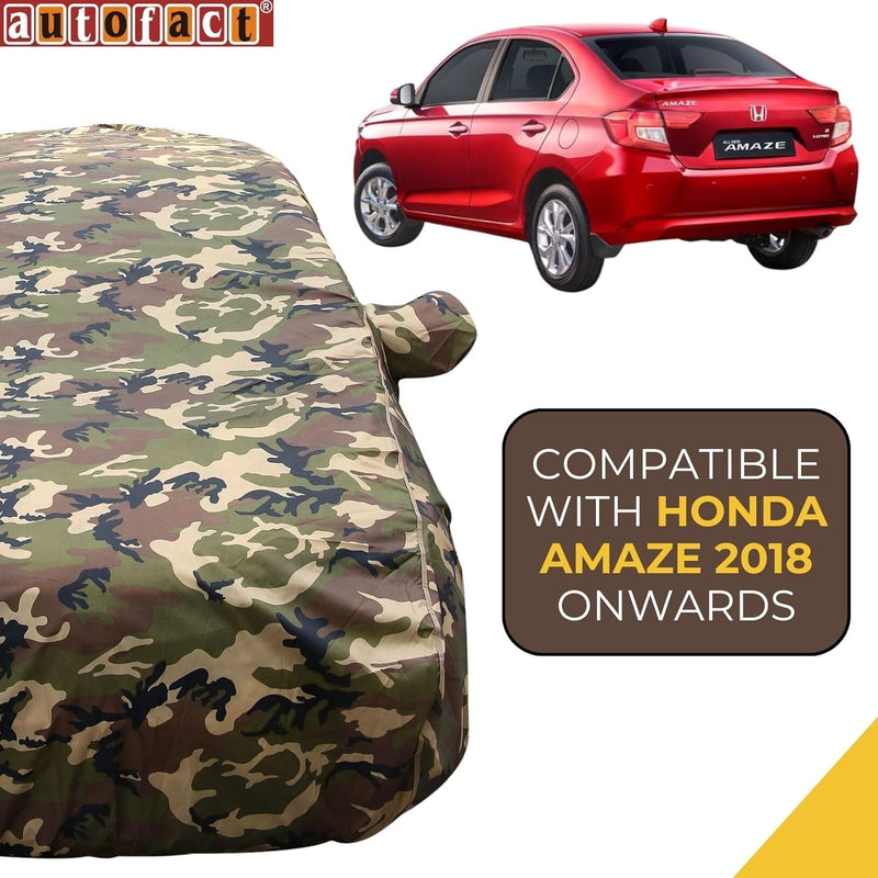Autofact Amaze New Model Car Cover - TearTough - Dog Proof / Waterproof Car Body Cover for Honda Amaze New Model - With Mirror Pockets, Triple Stitched, Bottom Fully Elastic, Adjustable Belt and Buckle (Jungle Print 4x4)
