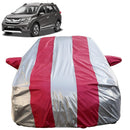 Autofact BRV Car Cover - FlexGuard - Waterproof Car Body Cover for Honda BRV - With Mirror Pockets, Triple Stitched, Bottom Fully Elastic, Adjustable Belt and Buckle (Silver / Pink Stripes)