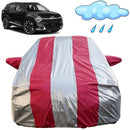 Autofact Sportage Car Cover - FlexGuard - Waterproof Car Body Cover for Kia Sportage - With Mirror Pockets, Triple Stitched, Bottom Fully Elastic, Adjustable Belt and Buckle (Silver / Pink Stripes)