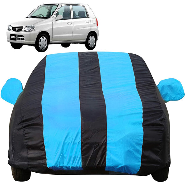 Autofact Alto Old Model Car Cover - EasyShield - Car Body Cover for Maruti Alto Old Model - With Mirror Pockets, Triple Stitched, Bottom Fully Elastic, Adjustable Belt and Buckle (Teak Blue Stripes)