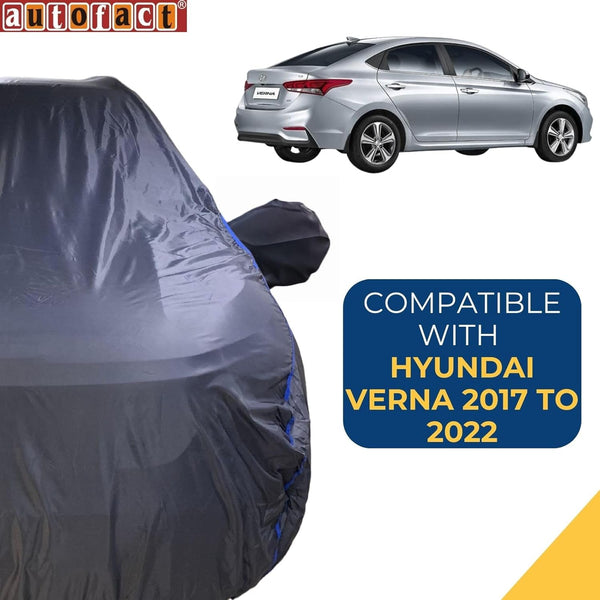 Autofact NexGen Verna Car Cover - CoreProtect - Water Resistant Car Body Cover for Hyundai NexGen Verna - With Mirror Pockets, Triple Stitched, Bottom Fully Elastic, Adjustable Belt and Buckle (Grey 210D)