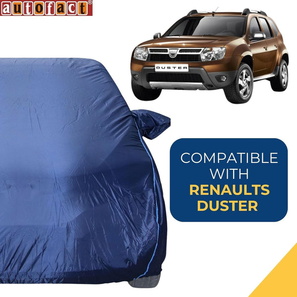 Autofact Duster Car Cover - CoreProtect - Water Resistant Car Body Cover for Renaults Duster - With Mirror Pockets, Triple Stitched, Bottom Fully Elastic, Adjustable Belt and Buckle (Navy 210D)