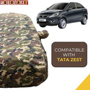 Autofact Zest Car Cover - TearTough - Dog Proof / Waterproof Car Body Cover for Tata Zest - With Mirror Pockets, Triple Stitched, Bottom Fully Elastic, Adjustable Belt and Buckle (Jungle Print 4x4)