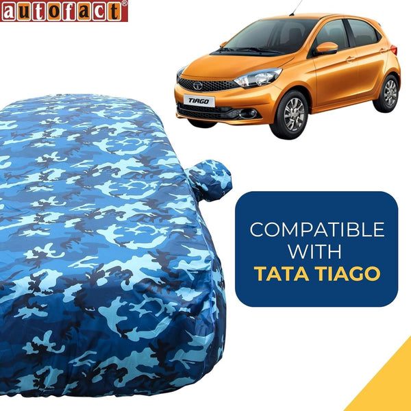 Autofact Tiago Car Cover - TearTough - Dog Proof / Waterproof Car Body Cover for Tata Tiago - With Mirror Pockets, Triple Stitched, Bottom Fully Elastic, Adjustable Belt and Buckle (Airforce Blue 4x4)