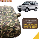Autofact Safari Car Cover - TearTough - Dog Proof / Waterproof Car Body Cover for Tata Safari - With Mirror Pockets, Triple Stitched, Bottom Fully Elastic, Adjustable Belt and Buckle (Jungle Print 4x4)