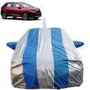 Autofact WRV Car Cover - FlexGuard - Waterproof Car Body Cover for Honda WRV - With Mirror & Antenna Pockets, Triple Stitched, Bottom Fully Elastic, Adjustable Belt and Buckle (Silver / Blue Stripes)