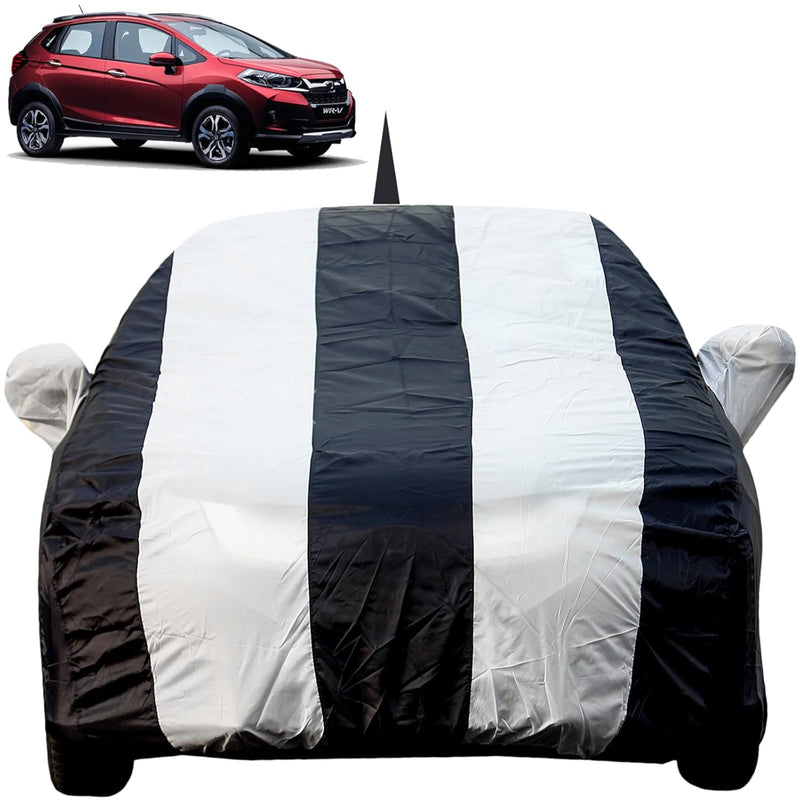 Autofact WRV Car Cover - EasyShield - Car Body Cover for Honda WRV - With Mirror Pockets, Triple Stitched, Bottom Fully Elastic, Adjustable Belt and Buckle (White Blue Stripes)