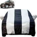 Autofact Bolero Car Cover - EasyShield - Car Body Cover for Mahindra Bolero - With Mirror Pockets, Triple Stitched, Bottom Fully Elastic, Adjustable Belt and Buckle (White Blue Stripes)