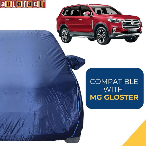 Autofact Gloster Car Cover - CoreProtect - Water Resistant Car Body Cover for MG Gloster - With Mirror Pockets, Triple Stitched, Bottom Fully Elastic, Adjustable Belt and Buckle (Navy 210D)