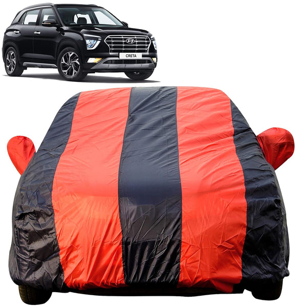 Autofact Creta New Car Cover - EasyShield - Waterproof Car Body Cover for Hyundai Creta New - With Mirror Pockets, Triple Stitched, Bottom Fully Elastic, Adjustable Belt and Buckle (Red Blue Stripes)