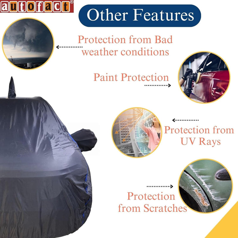 Autofact Swift Car Cover - CoreProtect - Water Resistant Car Body Cover for Maruti Swift - With Mirror & Antenna Pockets, Triple Stitched, Bottom Fully Elastic, Adjustable Belt and Buckle (Grey 210D)