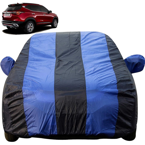 Autofact Seltos Car Cover - EasyShield - Car Body Cover for Kia Seltos - With Mirror Pockets, Triple Stitched, Bottom Fully Elastic, Adjustable Belt and Buckle (Royal Blue Stripes)