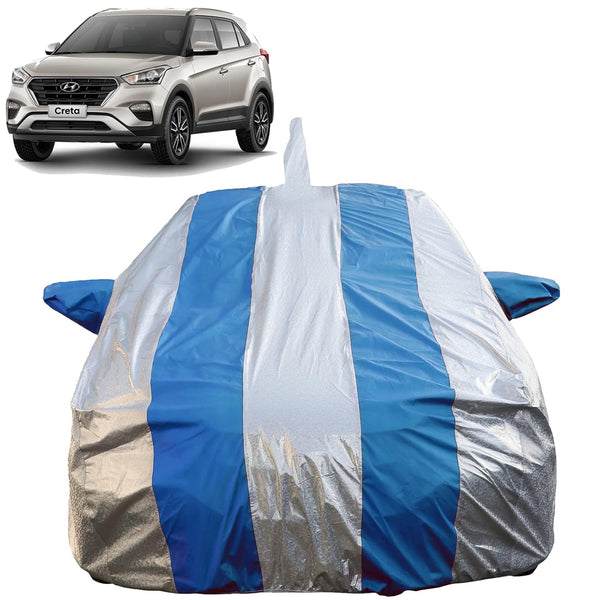 Autofact Creta New Car Cover - FlexGuard - Waterproof Car Body Cover for Hyundai Creta New - With Mirror Pockets, Triple Stitched, Bottom Fully Elastic, Adjustable Belt and Buckle (Silver / Blue Stripes)