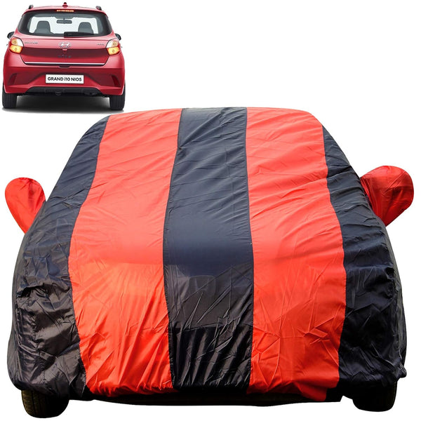 Autofact Grand I10 Nios Car Cover - EasyShield - Car Body Cover for Hyundai Grand I10 Nios - With Mirror Pockets, Triple Stitched, Bottom Fully Elastic, Adjustable Belt and Buckle (Red Blue Stripes)