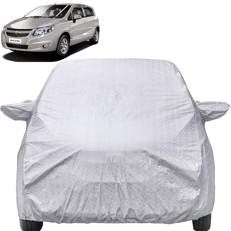 Autofact Sail UVA Car Cover - FlexGuard - Waterproof Car Body Cover for Chevrolet Sail UVA - With Mirror Pockets, Triple Stitched, Bottom Fully Elastic, Adjustable Belt and Buckle (Silver)
