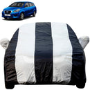 Autofact Datsun Go Plus Car Cover - EasyShield - Car Body Cover for Nissan Datsun Go Plus - With Mirror Pockets, Triple Stitched, Bottom Fully Elastic, Adjustable Belt and Buckle (White Blue Stripes)