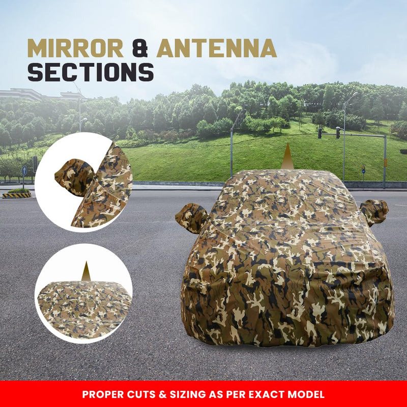 Autofact Swift Car Cover - FlexGuard - Waterproof Car Body Cover for Maruti Swift - With Mirror & Antenna Pockets, Triple Stitched, Bottom Fully Elastic, Adjustable Belt and Buckle (Camouflage)