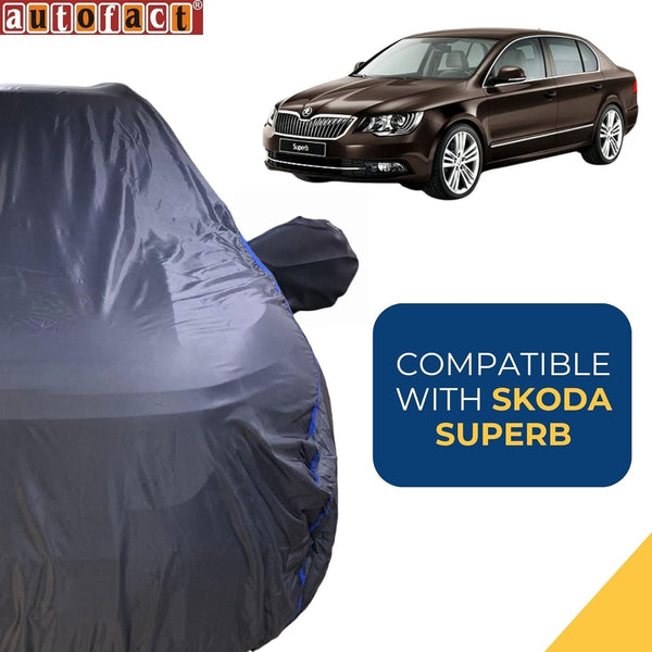 Autofact Superb Car Cover - CoreProtect - Water Resistant Car Body Cover for Skoda Superb - With Mirror Pockets, Triple Stitched, Bottom Fully Elastic, Adjustable Belt and Buckle (Grey 210D)