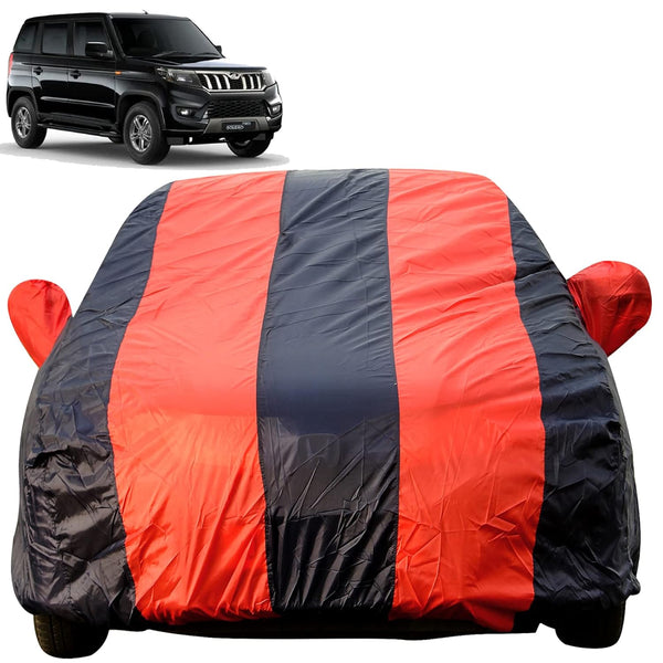 Autofact Bolero Car Cover - EasyShield - Car Body Cover for Mahindra Bolero - With Mirror Pockets, Triple Stitched, Bottom Fully Elastic, Adjustable Belt and Buckle (Red Blue Stripes)