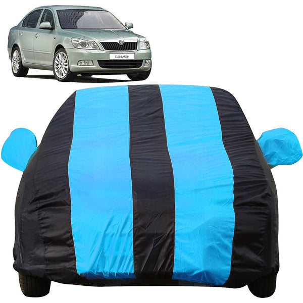 Autofact Laura Car Cover - EasyShield - Car Body Cover for Skoda Laura - With Mirror Pockets, Triple Stitched, Bottom Fully Elastic, Adjustable Belt and Buckle (Teak Blue Stripes)