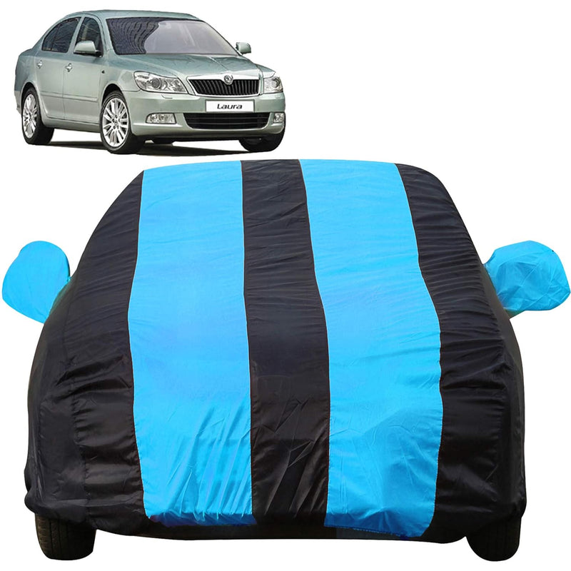 Autofact Laura Car Cover - EasyShield - Car Body Cover for Skoda Laura - With Mirror Pockets, Triple Stitched, Bottom Fully Elastic, Adjustable Belt and Buckle (Teak Blue Stripes)