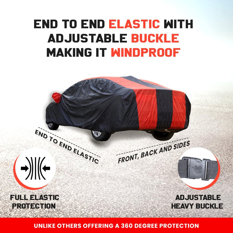Autofact 5 Series Car Cover - EasyShield - Car Body Cover for BMW 5 Series - With Mirror Pockets, Triple Stitched, Bottom Fully Elastic, Adjustable Belt and Buckle (Red Blue Stripes)