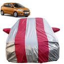 Autofact Figo Car Cover - FlexGuard - Waterproof Car Body Cover for Ford Figo - With Mirror Pockets, Triple Stitched, Bottom Fully Elastic, Adjustable Belt and Buckle (Silver / Pink Stripes)
