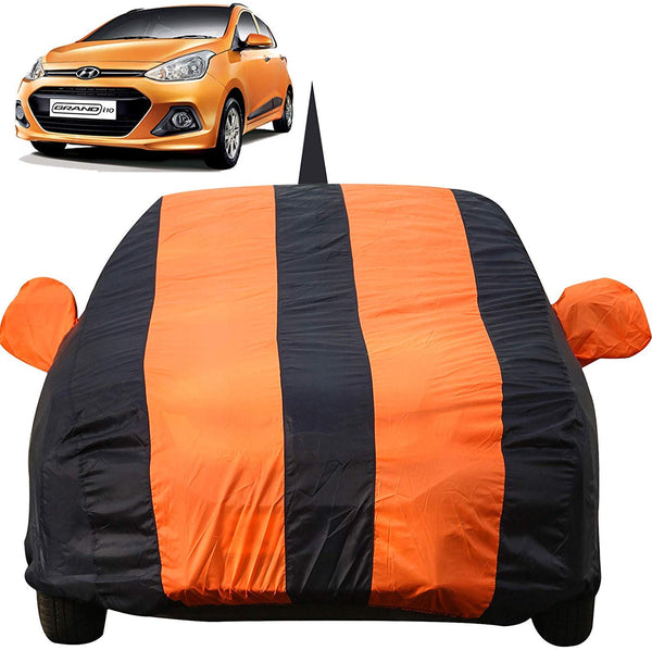 Autofact Grand I10 Car Cover - EasyShield - Car Body Cover for Hyundai Grand I10 - With Mirror Pockets, Triple Stitched, Bottom Fully Elastic, Adjustable Belt and Buckle (Orange Blue Stripes)