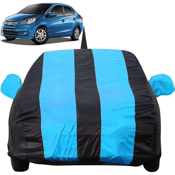Autofact Amaze Old Model Car Cover - EasyShield - Car Body Cover for Honda Amaze Old Model - With Mirror Pockets, Triple Stitched, Bottom Fully Elastic, Adjustable Belt and Buckle (Teak Blue Stripes)