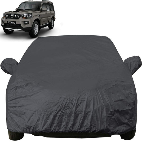 Autofact Scorpio Car Cover - EasyShield - Car Body Cover for Mahindra Scorpio - With Mirror Pockets, Triple Stitched, Bottom Fully Elastic, Adjustable Belt and Buckle (Grey 190T)