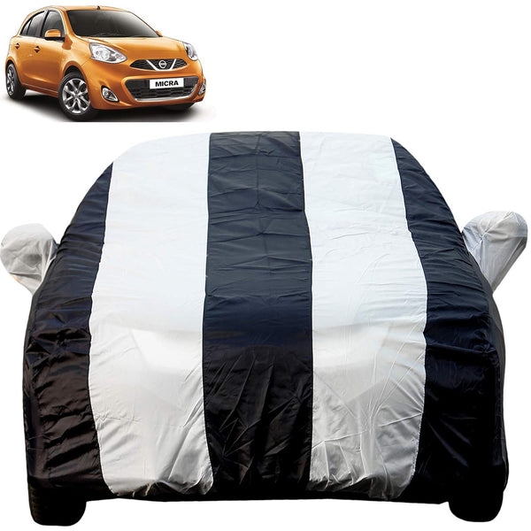 Autofact Micra Car Cover - EasyShield - Car Body Cover for Nissan Micra - With Mirror Pockets, Triple Stitched, Bottom Fully Elastic, Adjustable Belt and Buckle (White Blue Stripes)