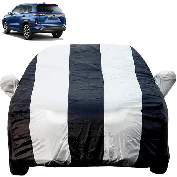 Autofact Grand Vitara Car Cover - EasyShield - Car Body Cover for Maruti Grand Vitara - With Mirror Pockets, Triple Stitched, Bottom Fully Elastic, Adjustable Belt and Buckle (White Blue Stripes)