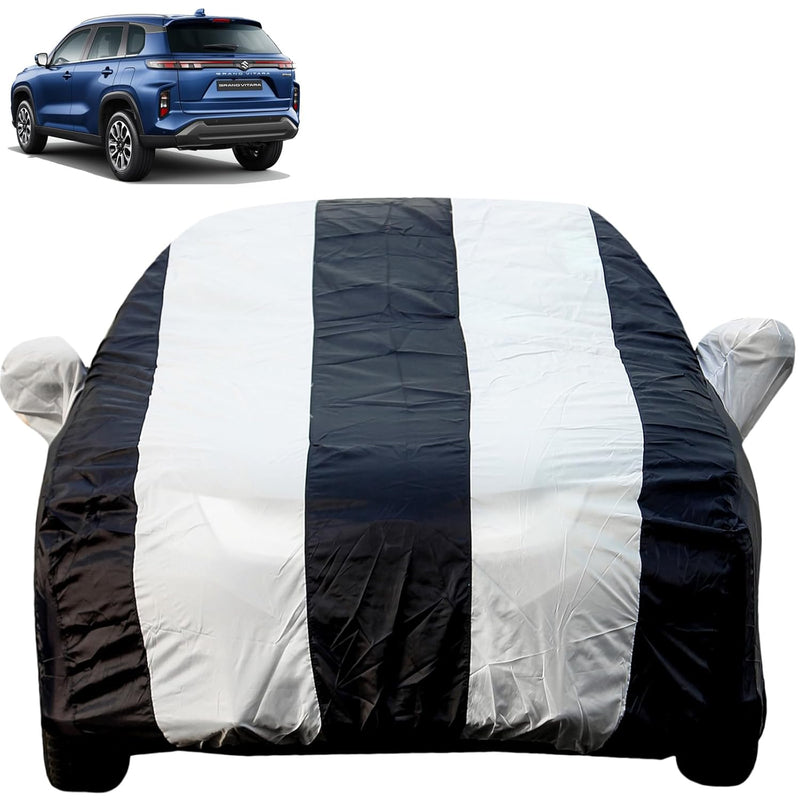 Autofact Grand Vitara Car Cover - EasyShield - Car Body Cover for Maruti Grand Vitara - With Mirror Pockets, Triple Stitched, Bottom Fully Elastic, Adjustable Belt and Buckle (White Blue Stripes)